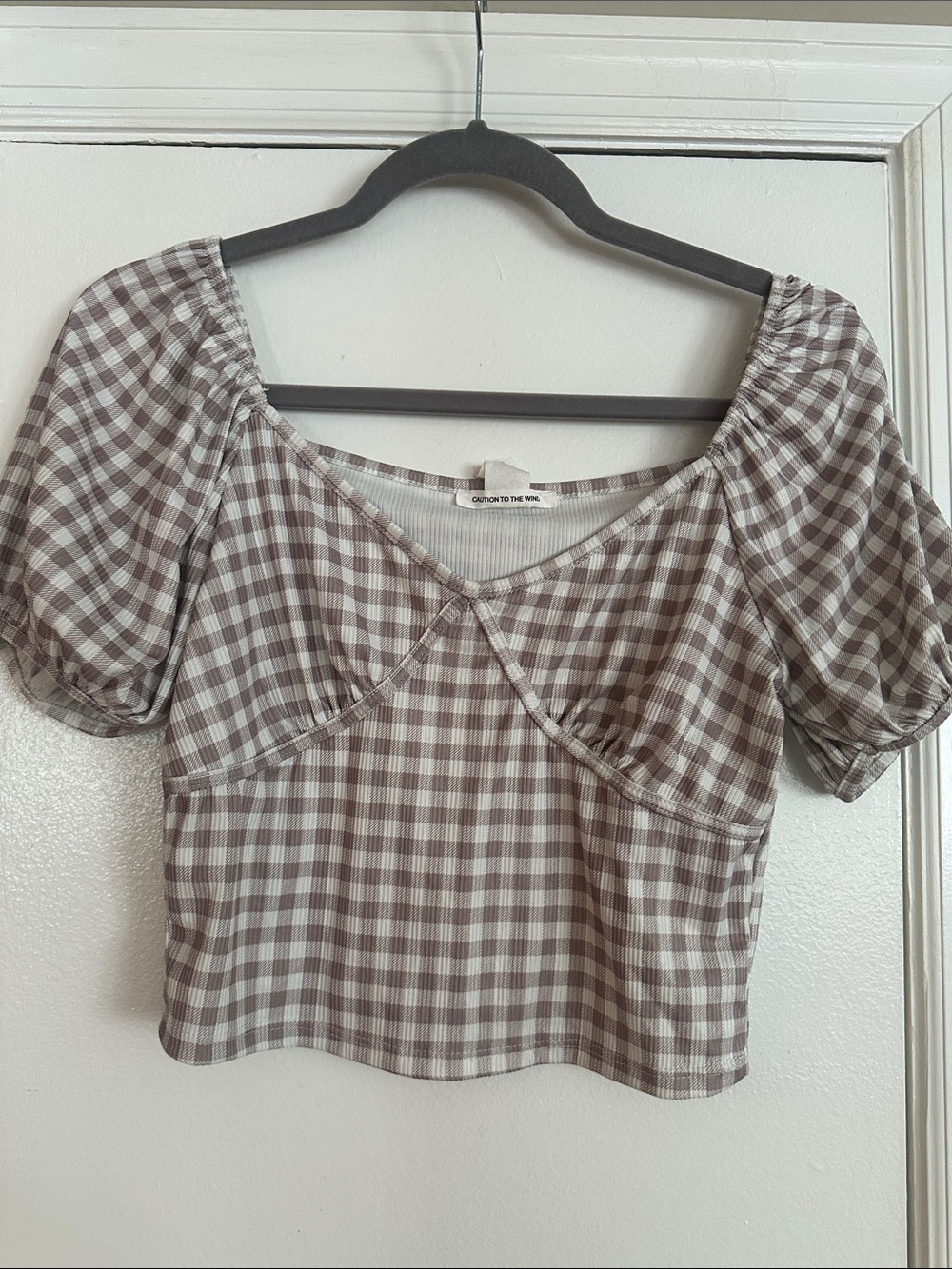 Caution To The Wind Brown Gingham Puff Sleeve Crop Top